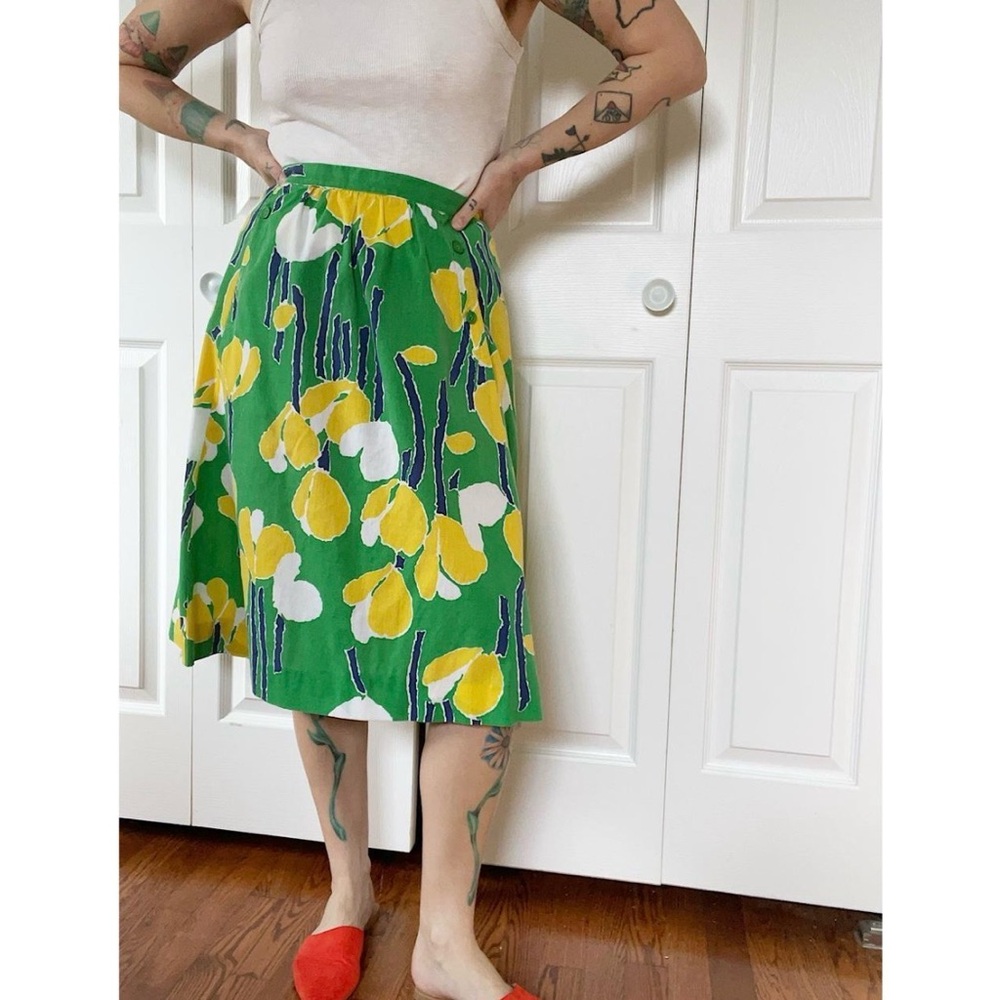 Vintage Green Midi Skirt with Yellow & White Floral Print